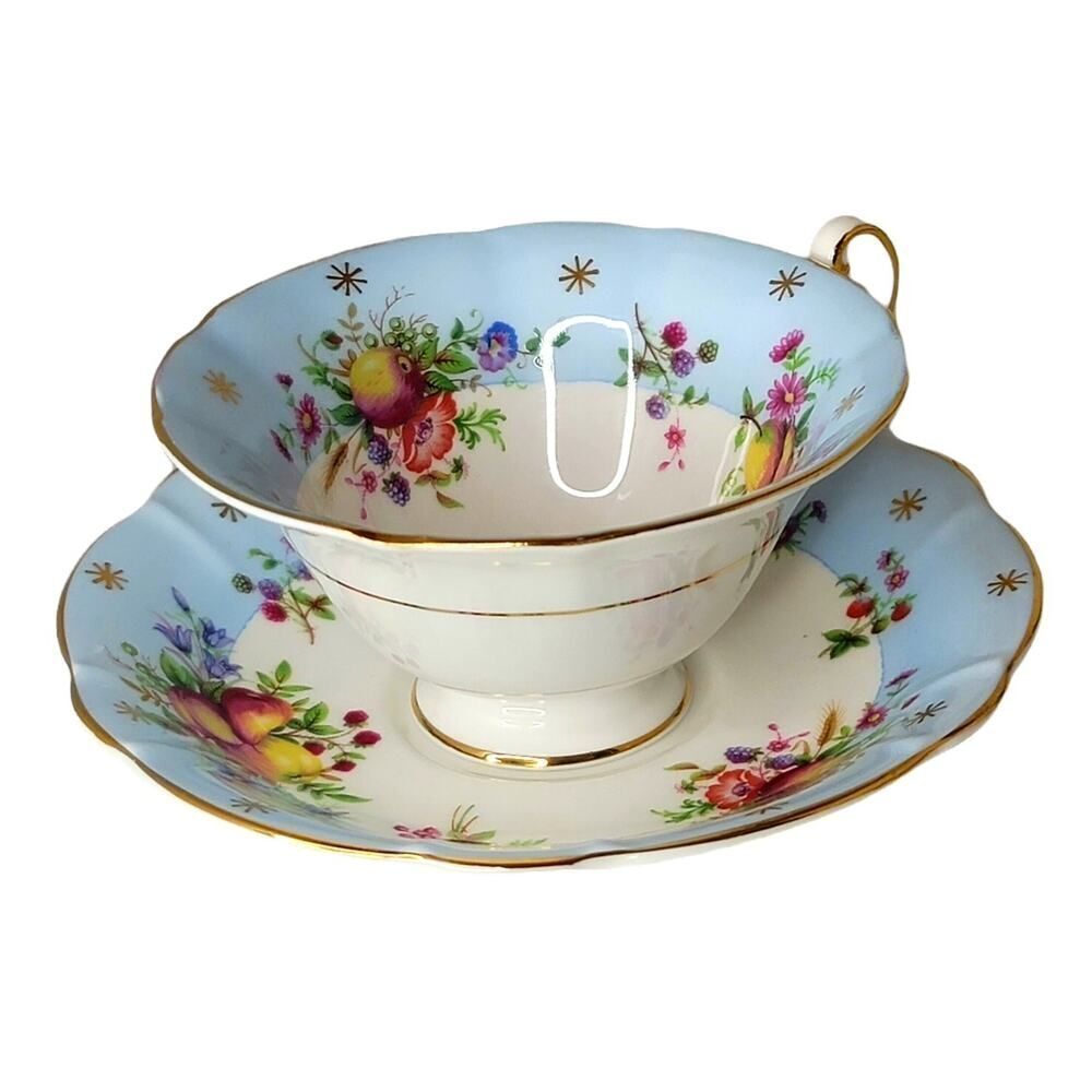 Vtg E.B Foley Beautiful Cup & Saucer Fruit Floral Sky Blue Wide Mouth Gold Rim - Picture 2 of 12